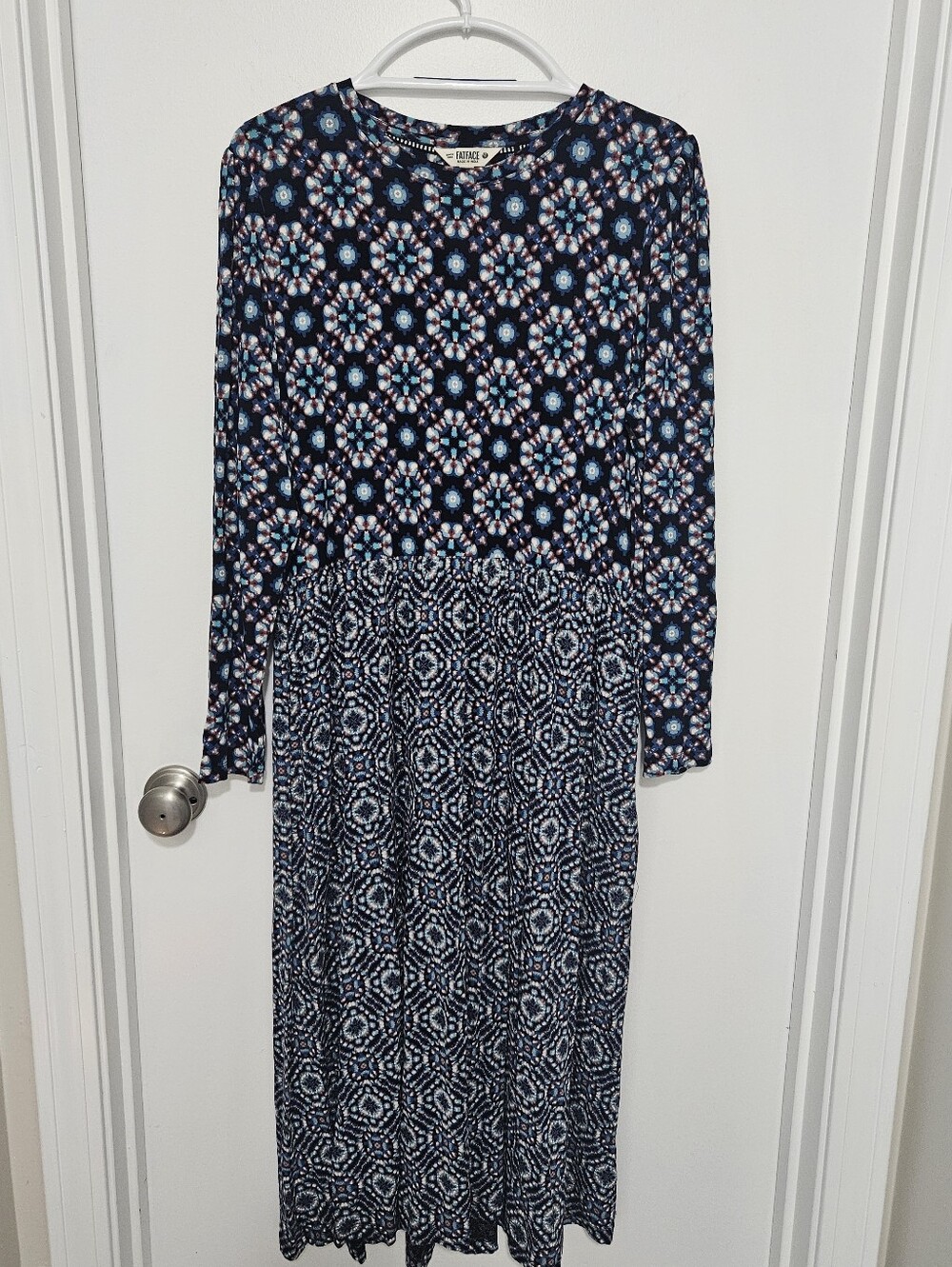 Fat Face Navy Mixed-Print Long Sleeve Midi Dress Size 12